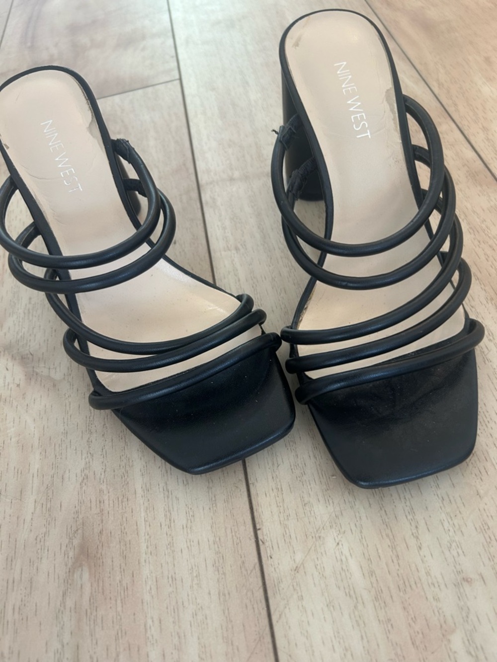 Nine West Black Multi-Strap Square-Toe Heels